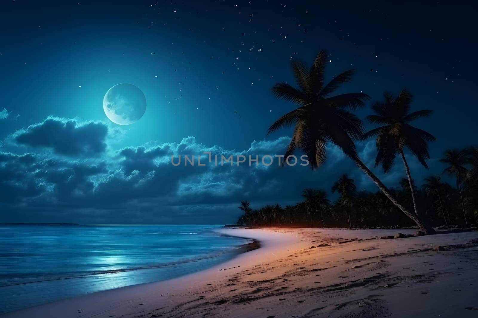 tropical beach view with white sand, turquoise water and palm tree at full moon night. Neural network generated photorealistic image. Not based on any actual scene or pattern.