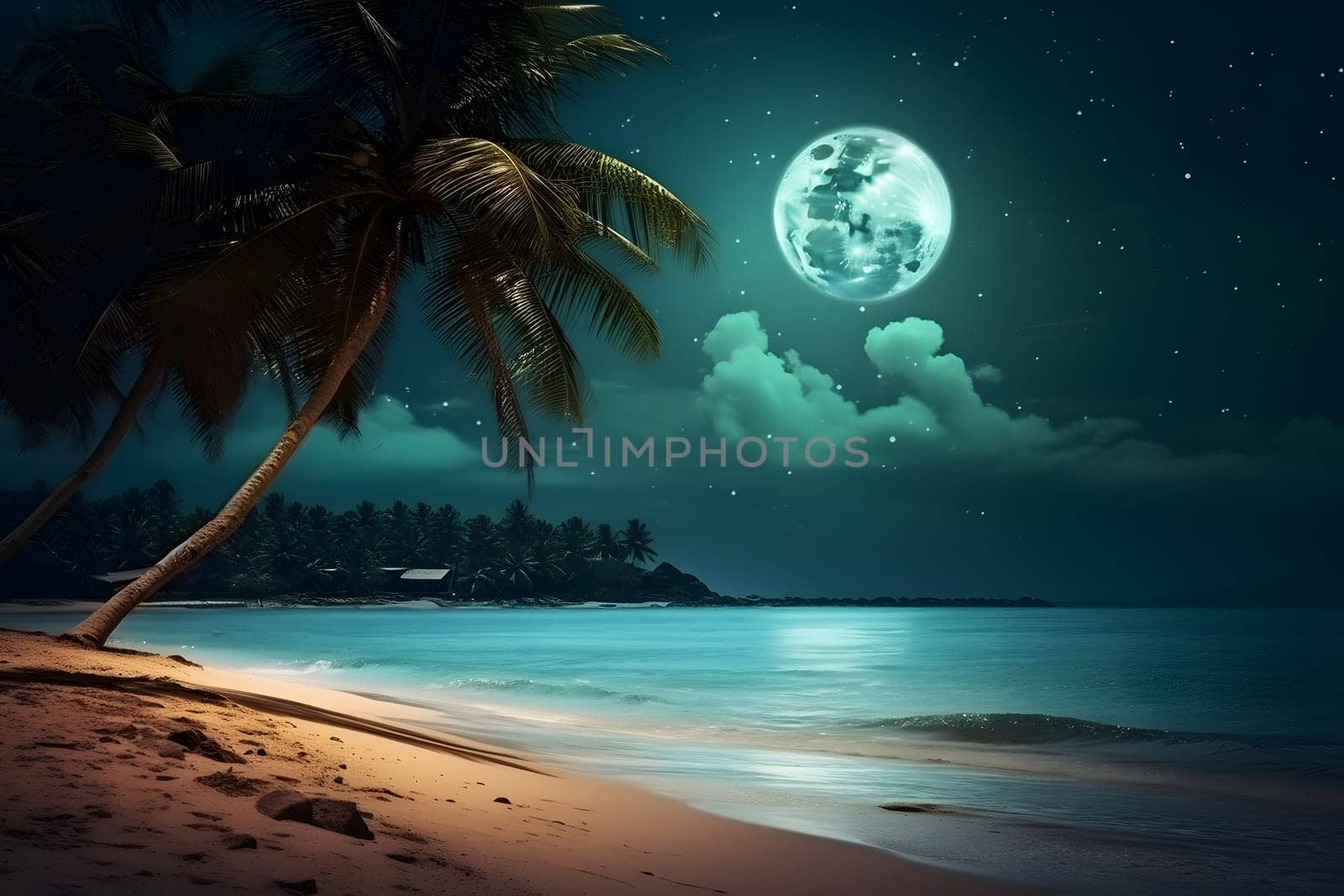 tropical beach view with white sand, turquoise water and palm tree at full moon night. Neural network generated photorealistic image. Not based on any actual scene or pattern.