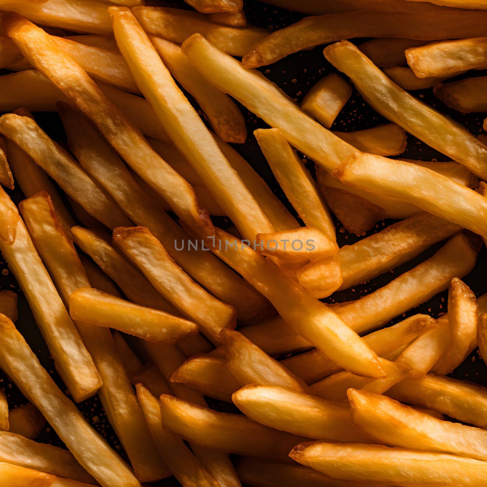 seamless texture and full-frame background of piled French fries, neural network generated image. Not based on any actual scene or pattern.