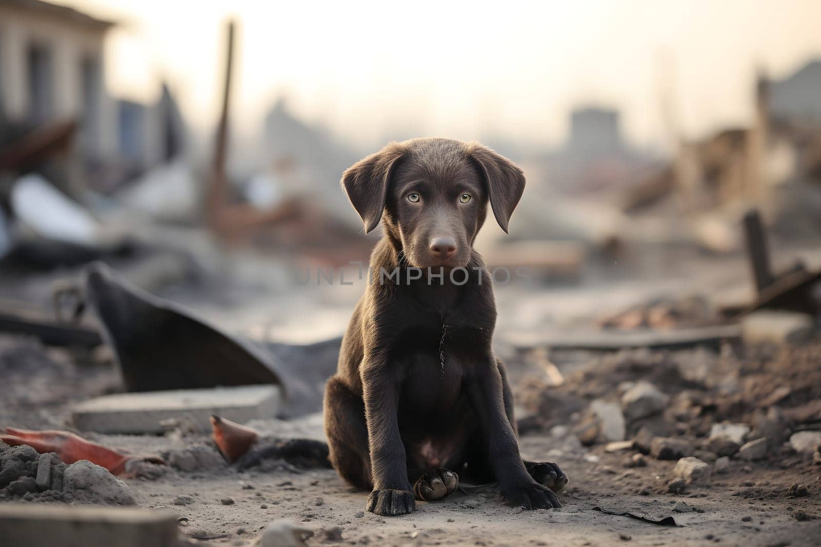 Alone wet and dirty Labrador Retriever puppy after disaster on the background of house rubble. Neural network generated image. Not based on any actual scene.