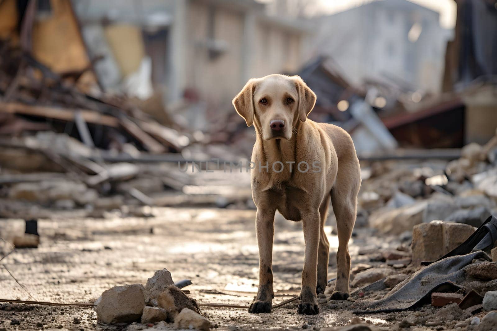 Alone wet and dirty Labrador Retriever after disaster on the background of house rubble. Neural network generated image. Not based on any actual scene.