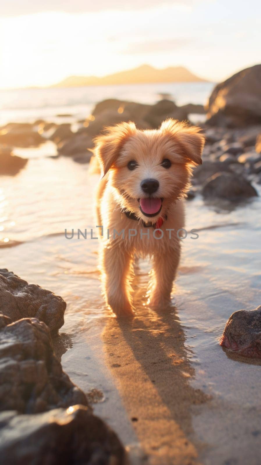 A small dog is walking on the beach at sunset