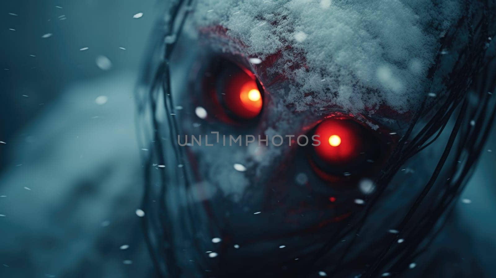A creepy frozen monster face with red glowing eyes in the snow, AI by starush