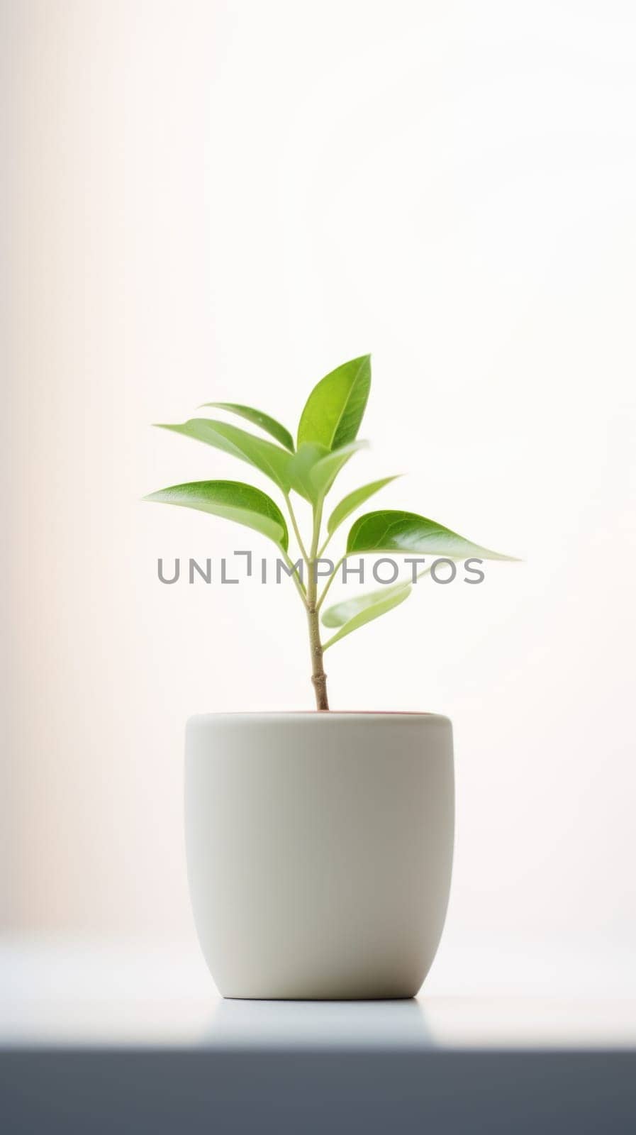 A small plant in a white pot on a table, AI by starush