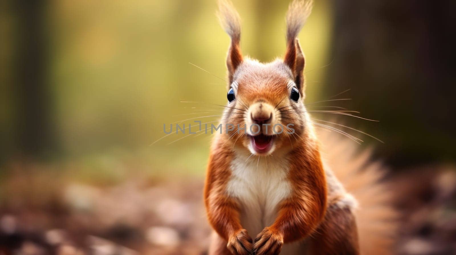 A squirrel is standing in the woods with its mouth open