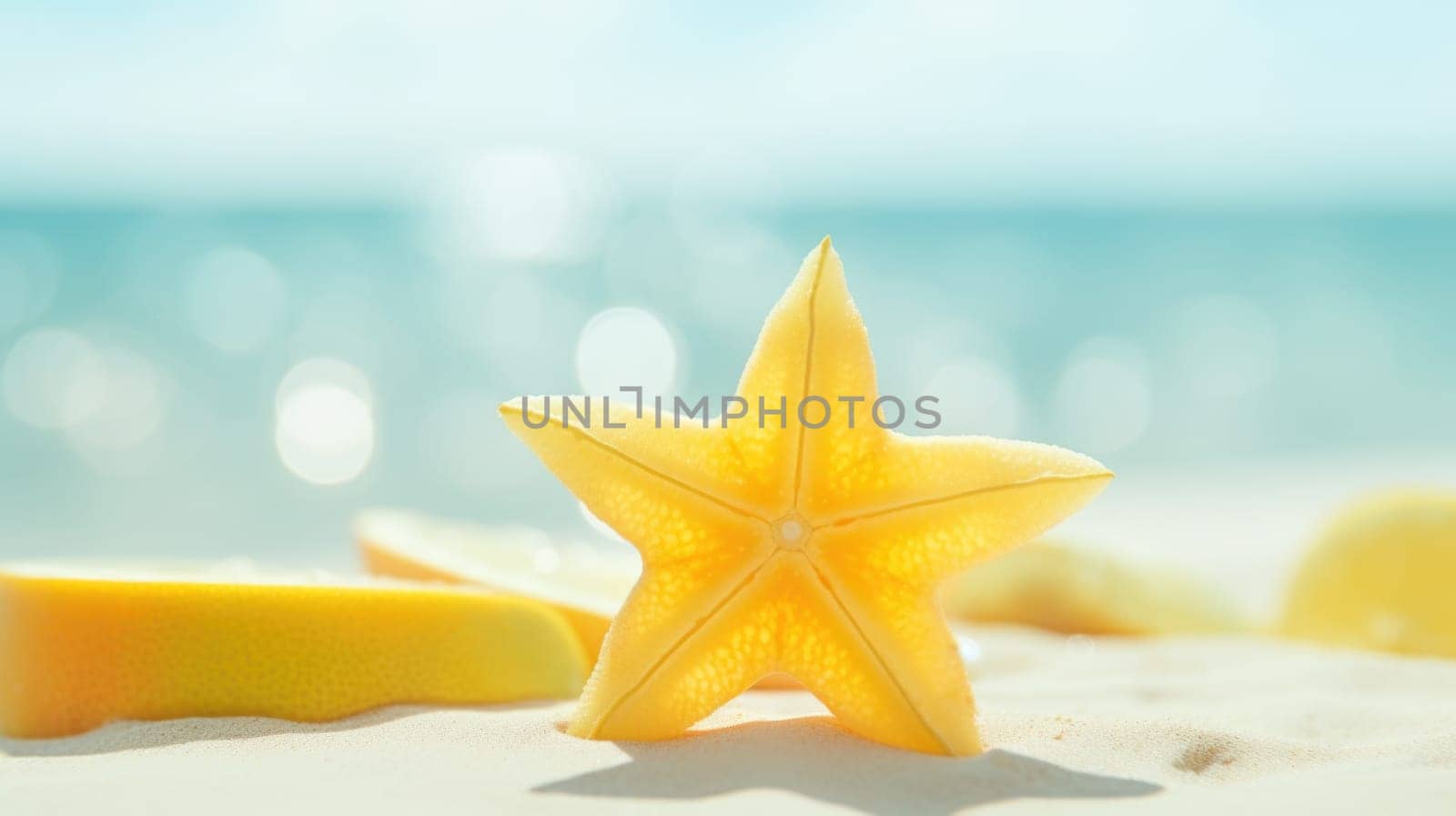 A starfish and a slice of lemon on a sandy beach