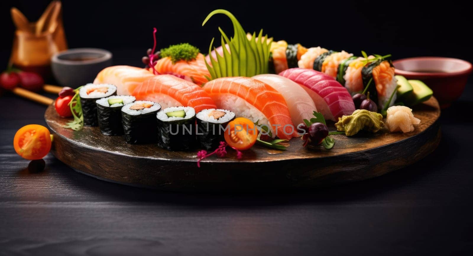 Sushi on wooden platter with vegetables and other ingredients