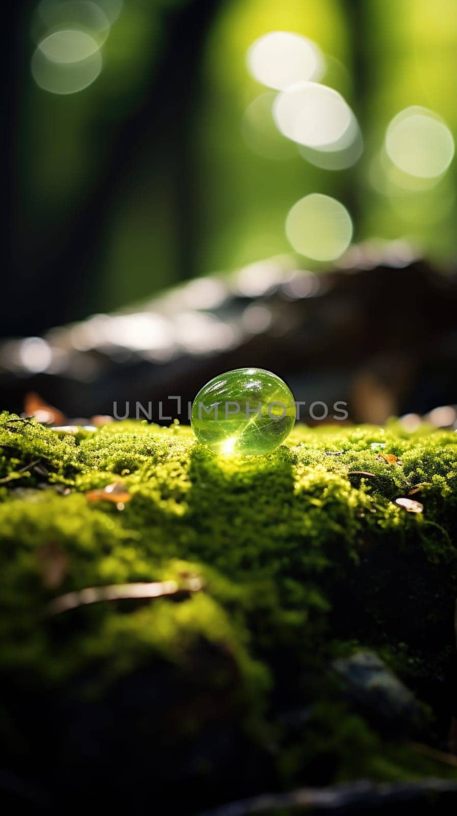 A green glass ball sits on top of a moss covered rock, AI by starush