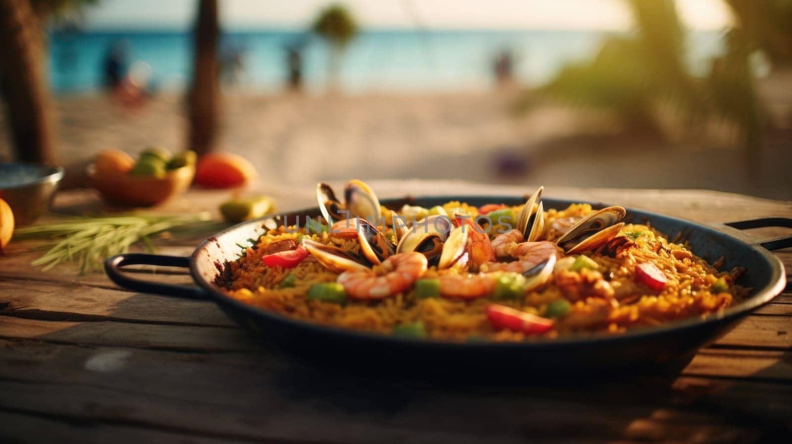 Paella dish with seafood and rice on the beach