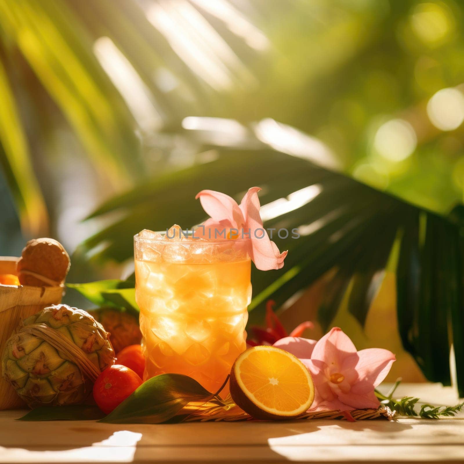 A tropical drink with orange slices and flowers