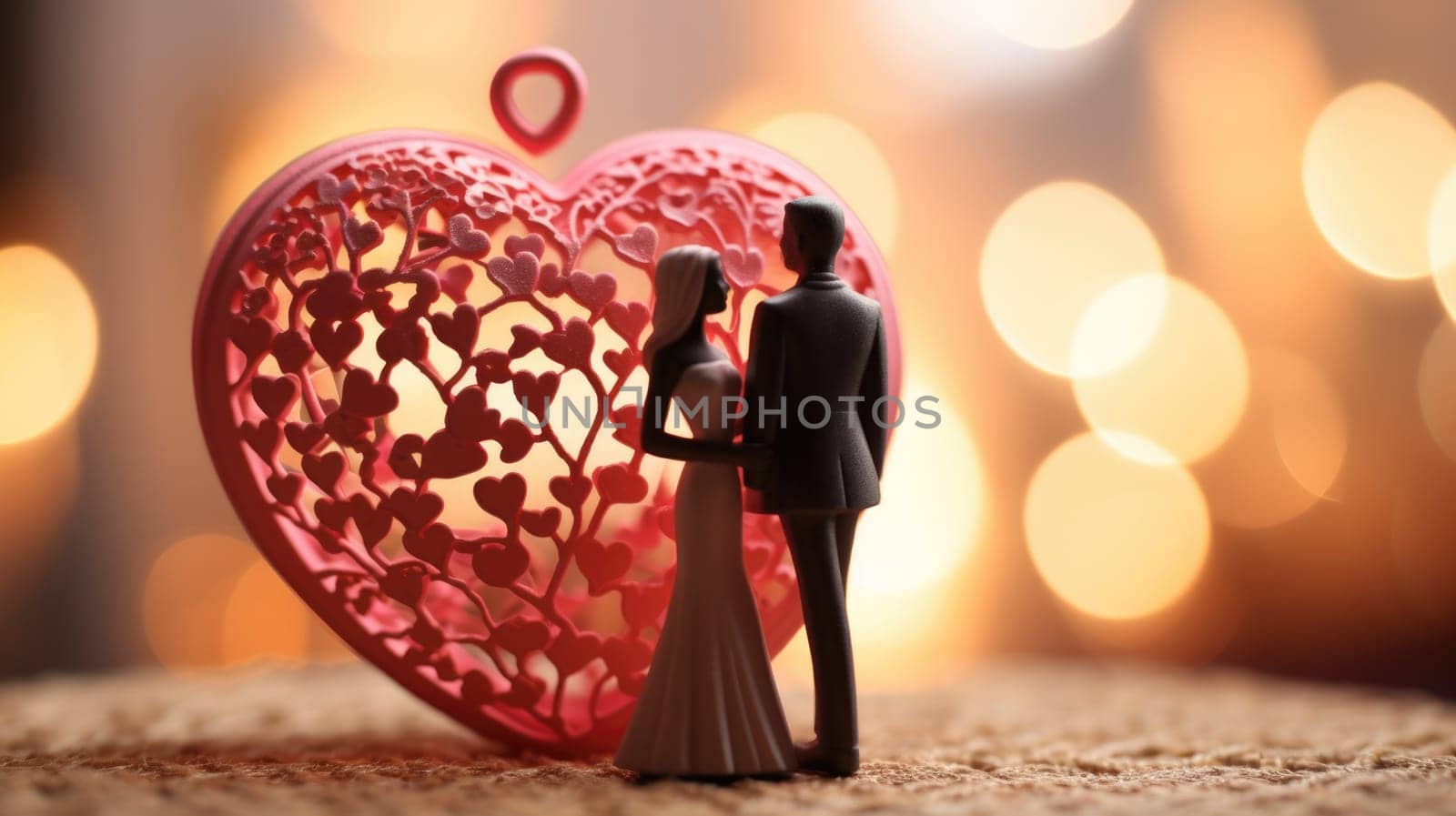 A figurine of a bride and groom standing next to a heart shaped ornament, AI by starush