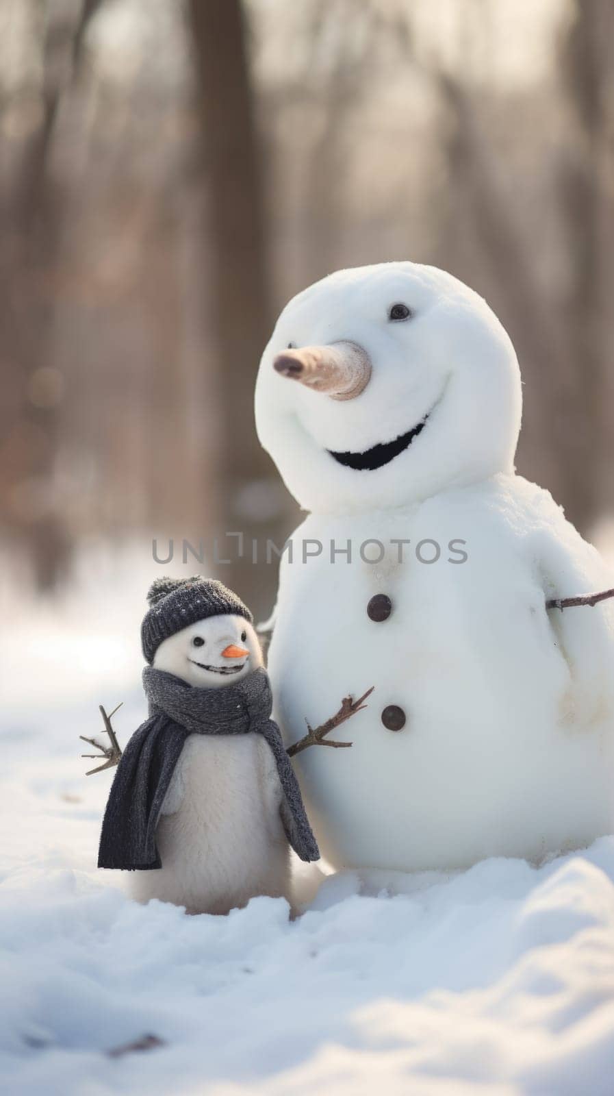 A snowman and a small child in the snow