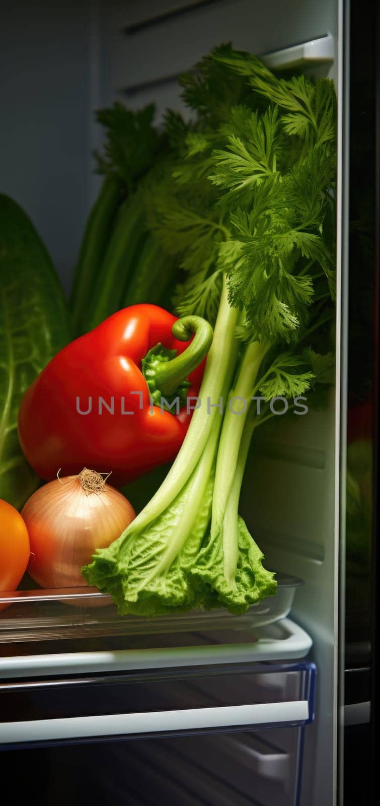 A refrigerator with vegetables and other food