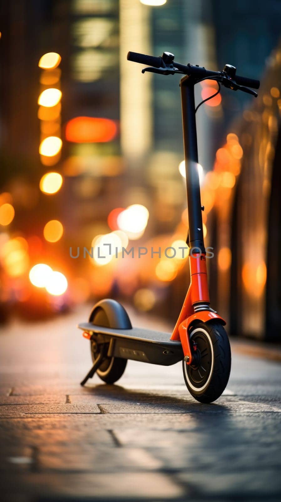 An orange electric scooter sitting on the street at night