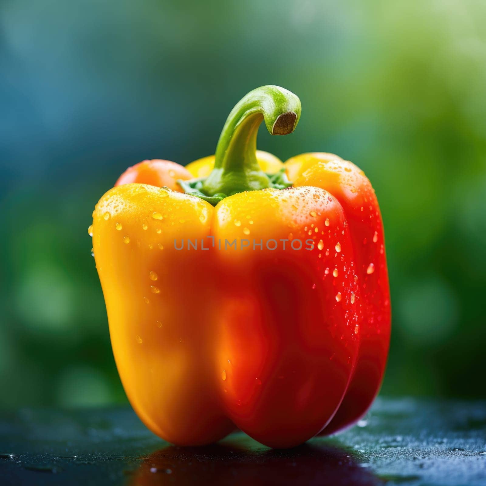 A red and yellow bell pepper sitting on a table
