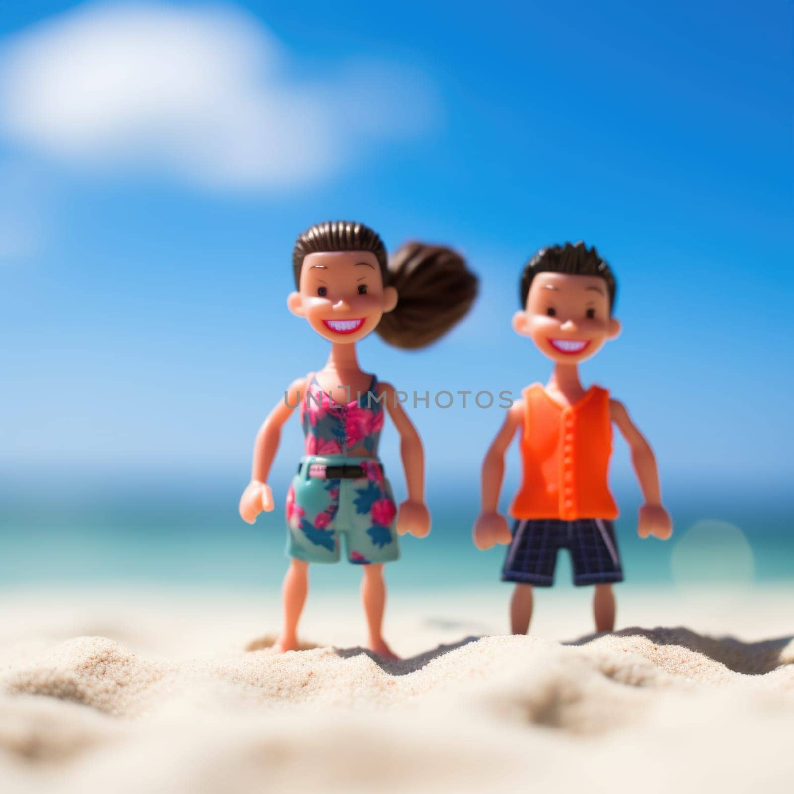 Two toy people standing on the beach, AI by starush