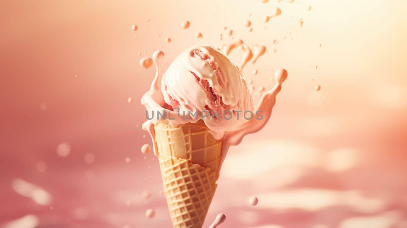 Ice cream in waffle cone with splashing water on pink background