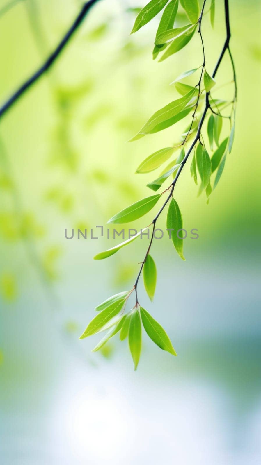 Green leaves on a branch with a lake in the background, AI by starush