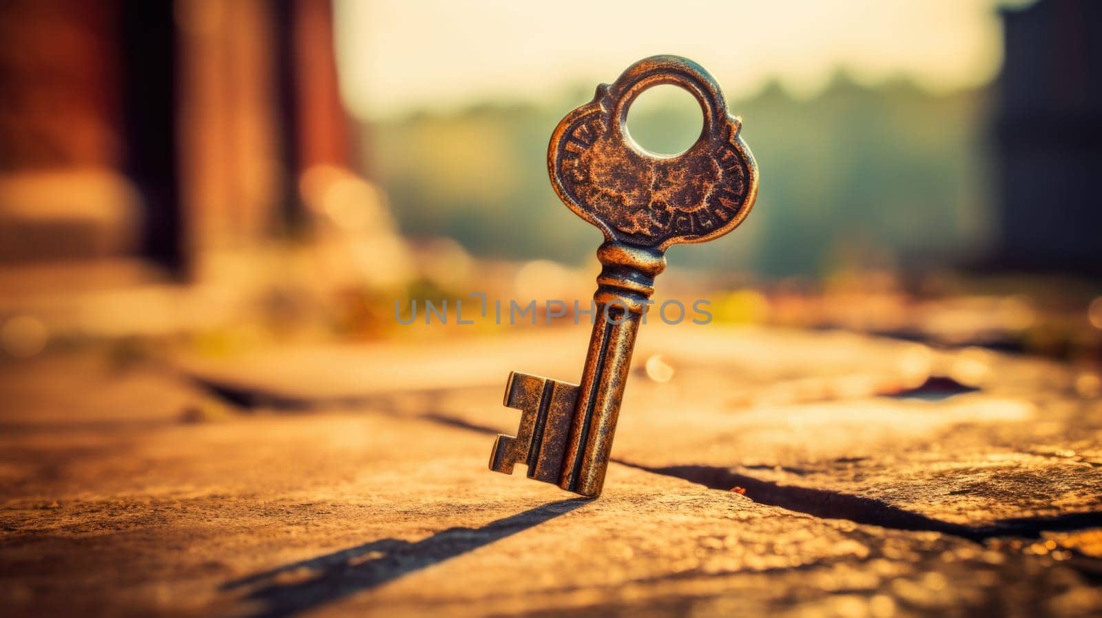 An old key sitting on the ground in front of a building