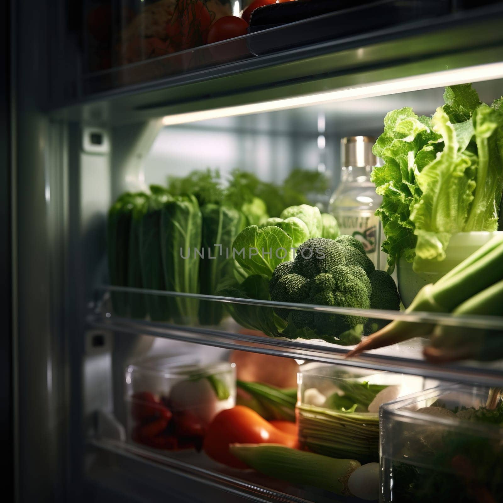 A refrigerator with vegetables and other food inside, AI by starush