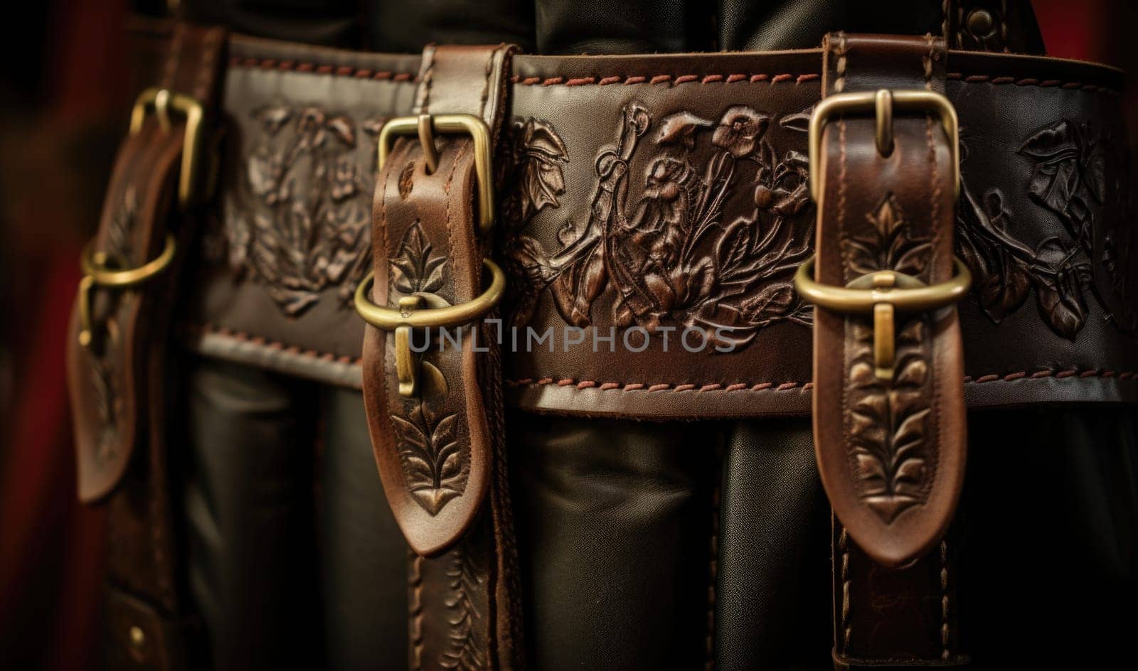 Close up of a leather belt with two gold buckles