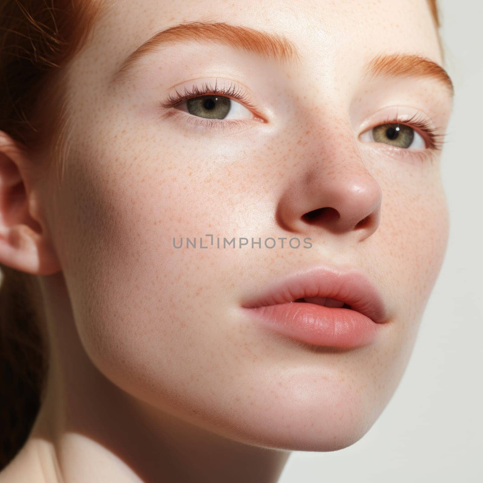 A close up of a woman with freckled skin