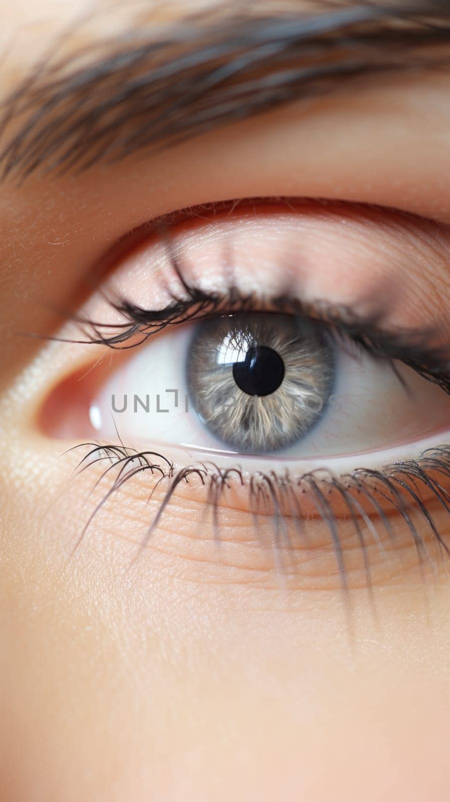 A close up of a woman's eye with long eyelashes