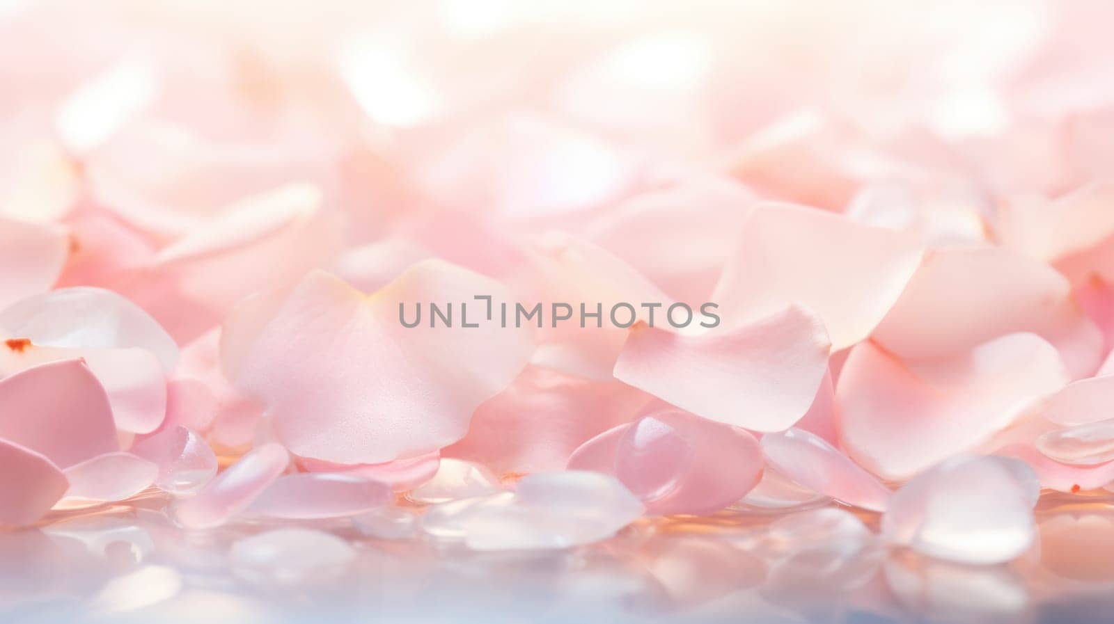 Pink rose petals on a blue background, AI by starush