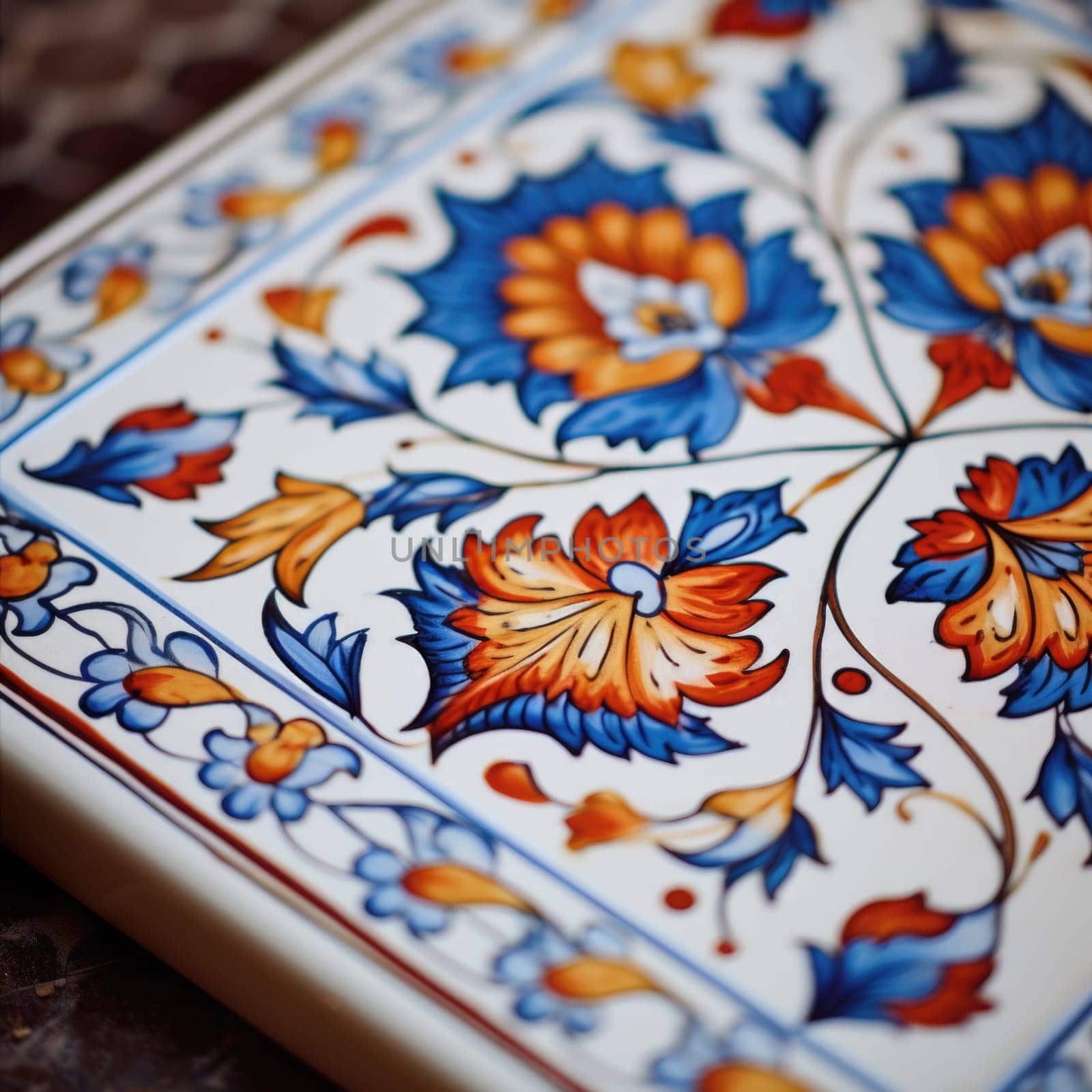 A close up of a colorful tile with blue, orange and red flowers, AI by starush