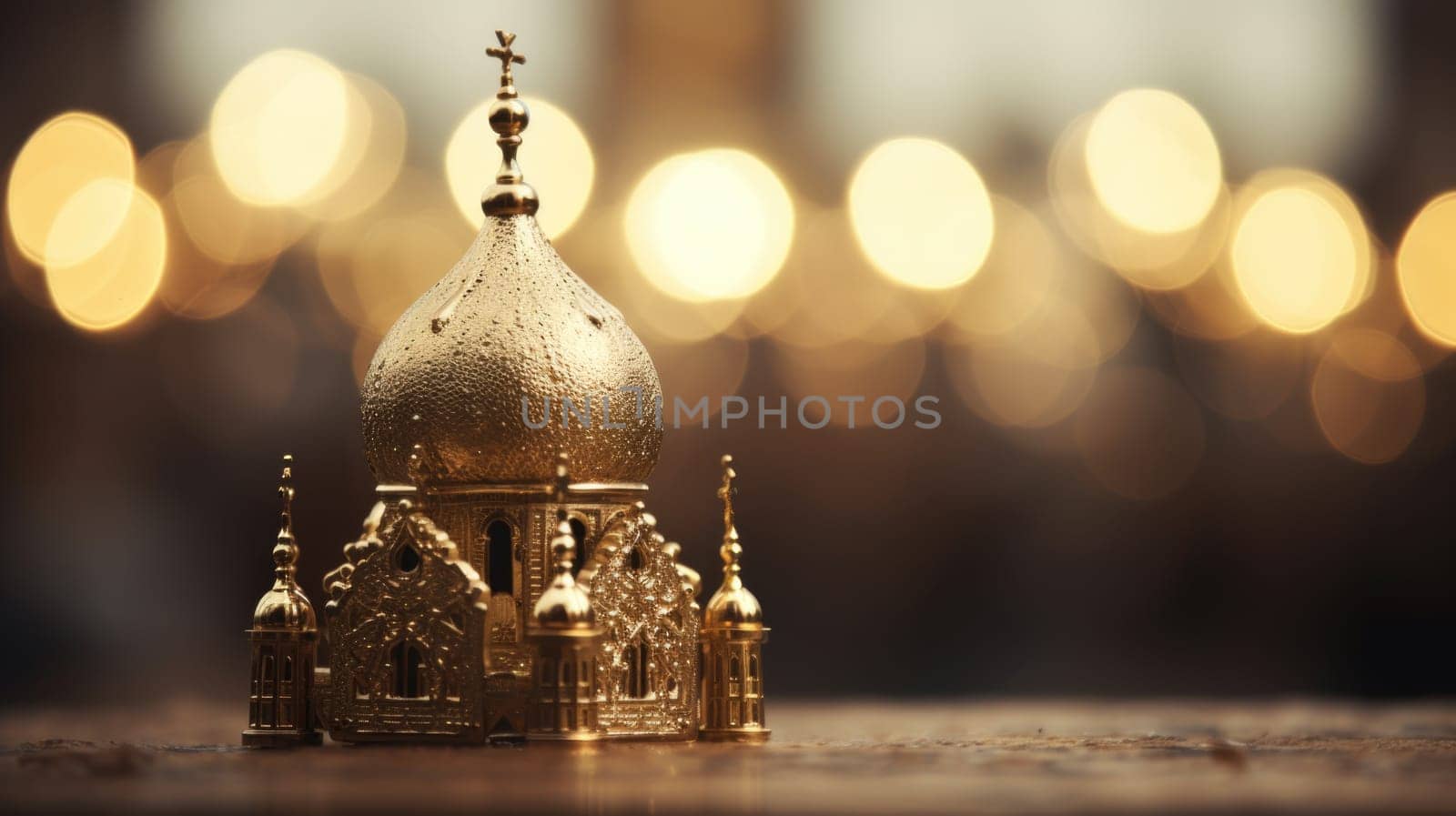 A golden model of a church sits on a table