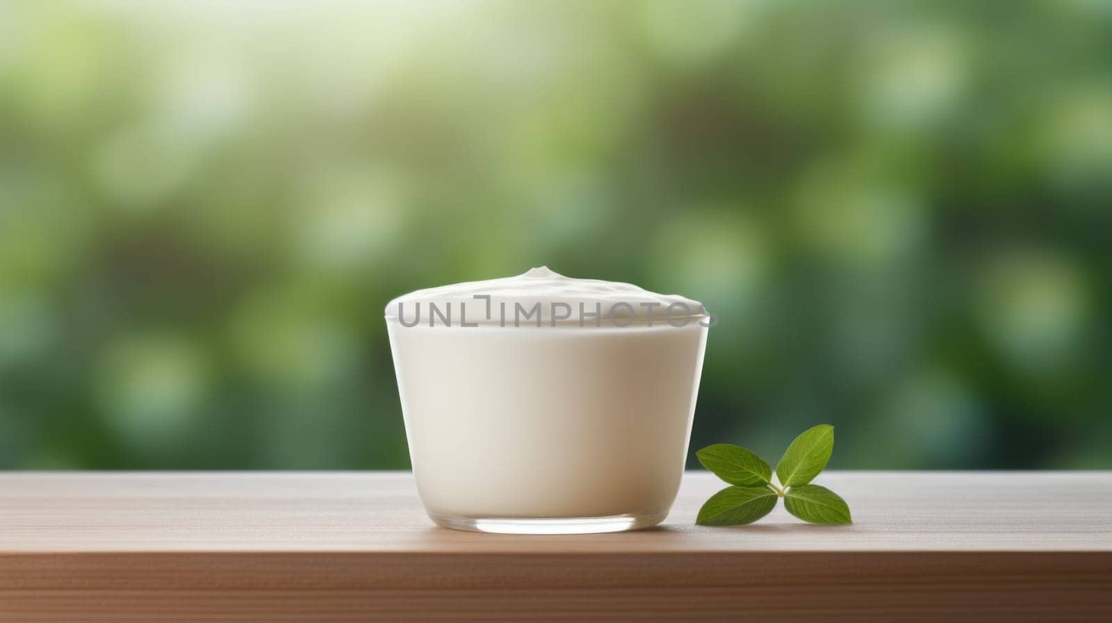 A glass of yogurt with a leaf on the table