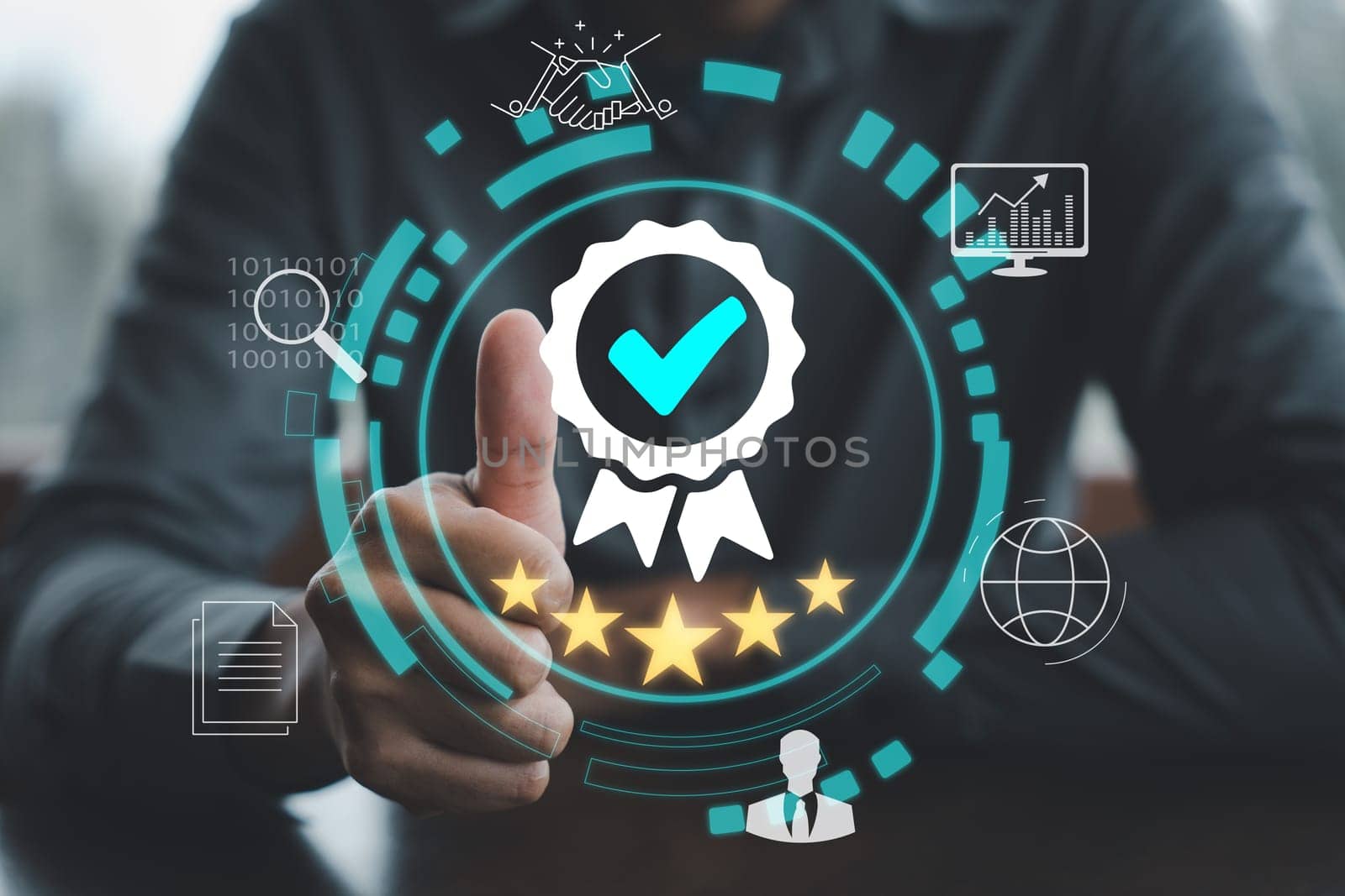 Standardizing products and services in business, ISO certification and quality auditor support. Businessman giving thumbs up to show certified assured service. Performance evaluation customer feedback