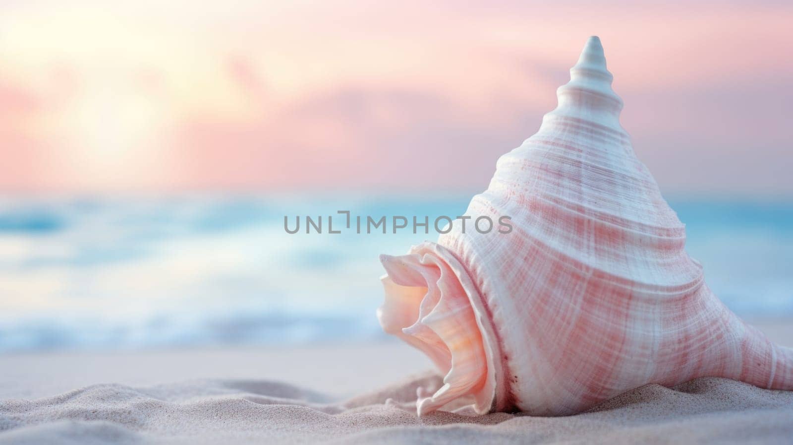 A pink shell on the beach at sunset
