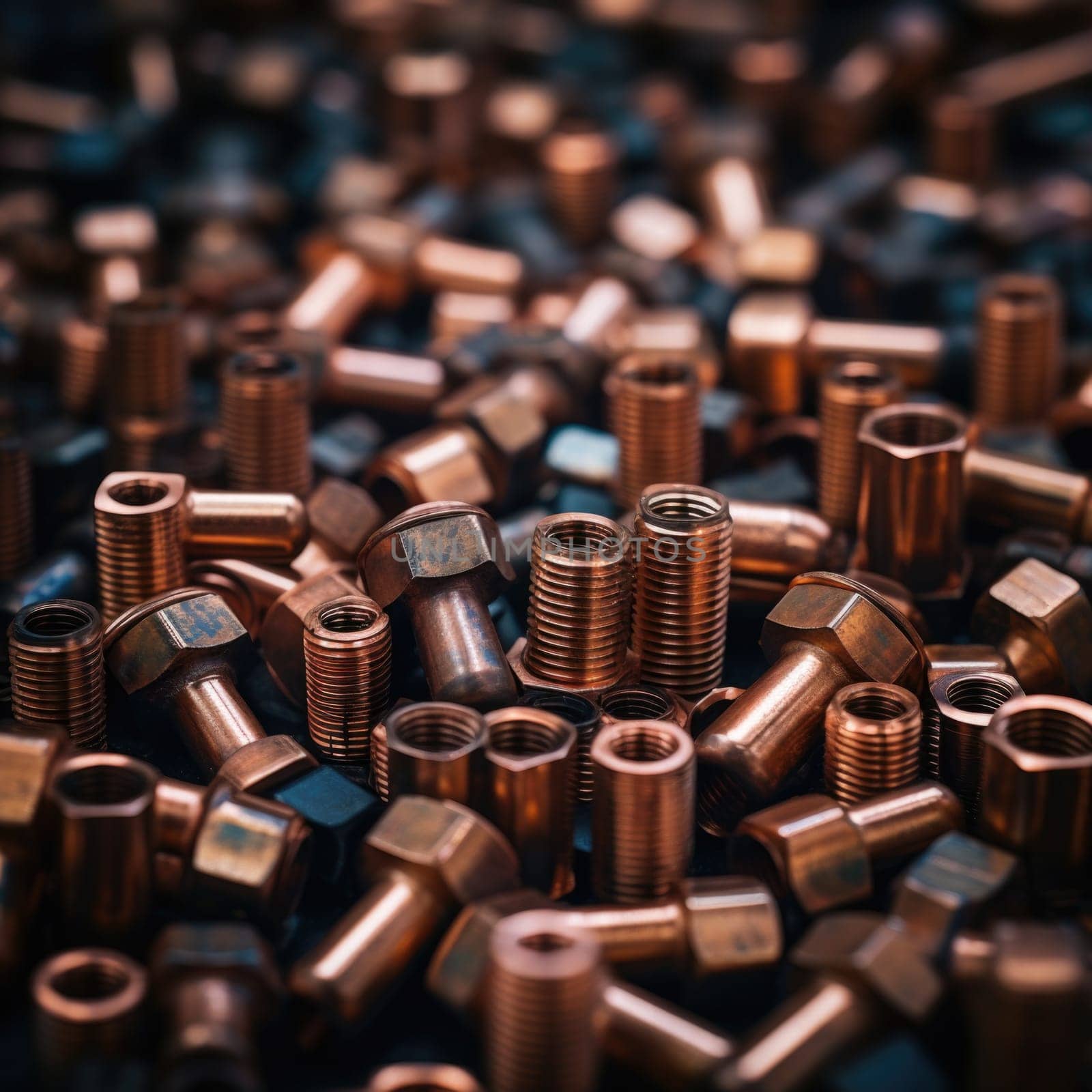 A close up of a bunch of copper nuts and pipe fittings, AI by starush