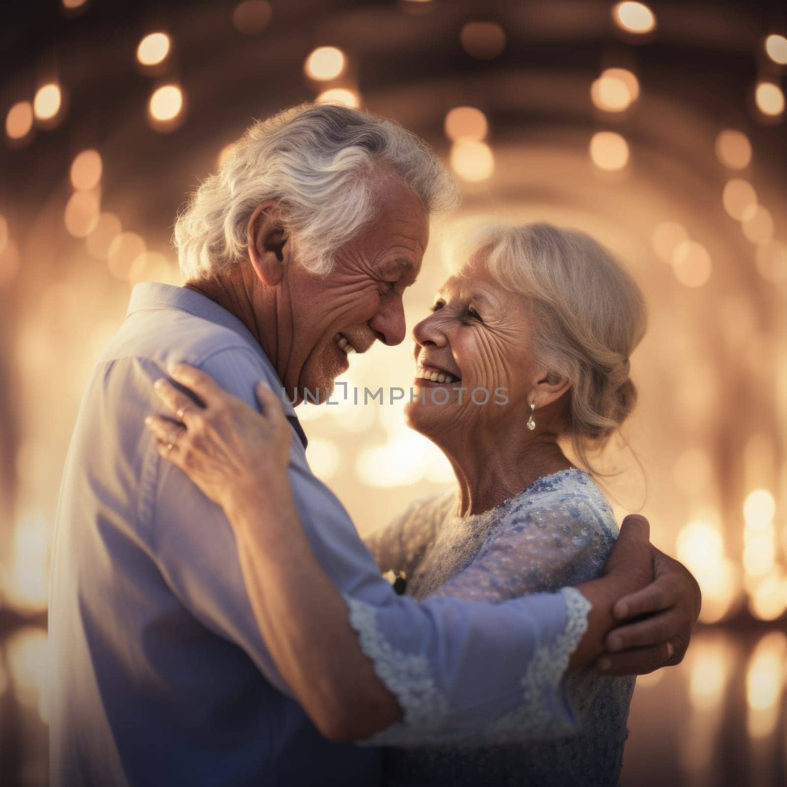 An older couple embracing in front of a lighted tunnel