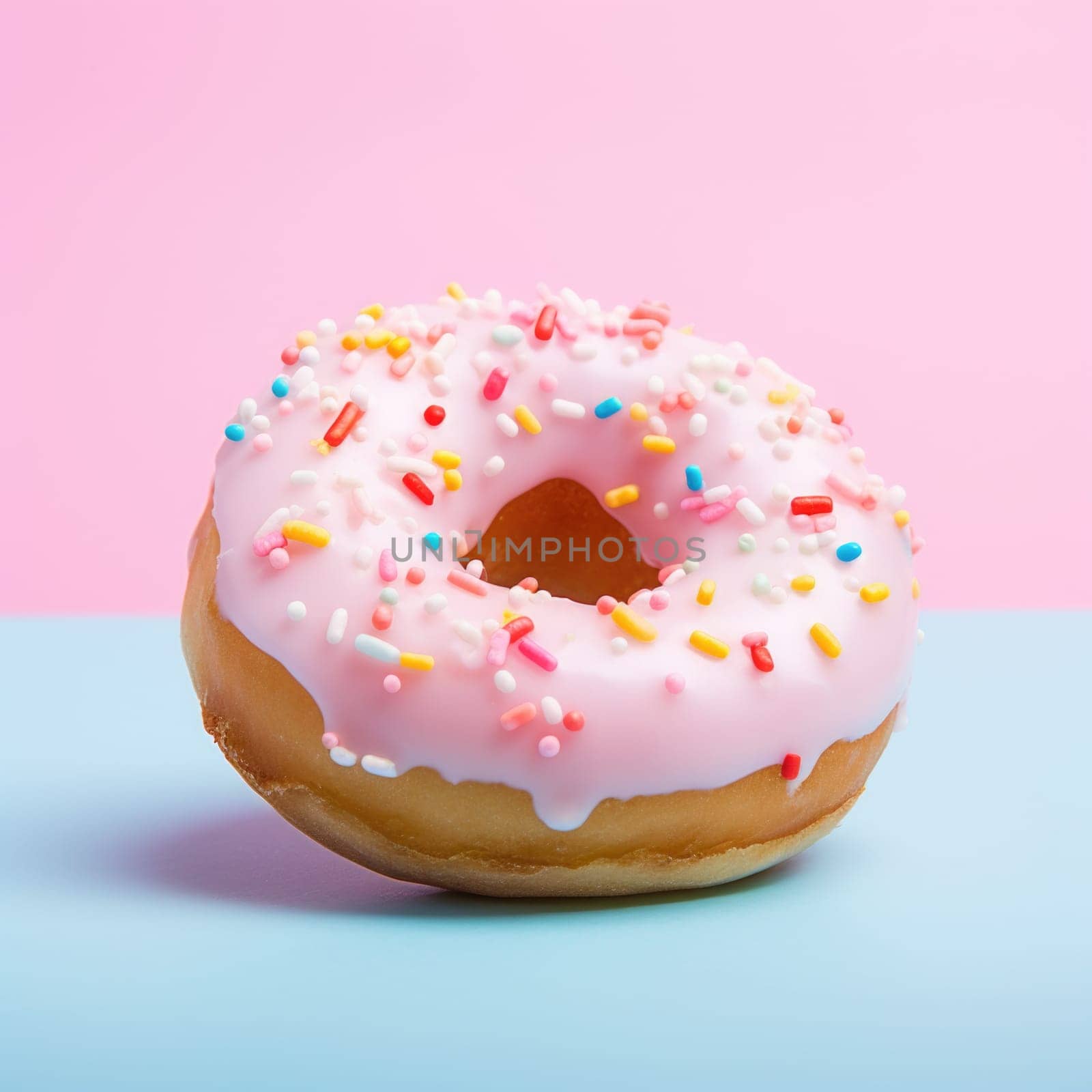 A pink donut with sprinkles on a blue background