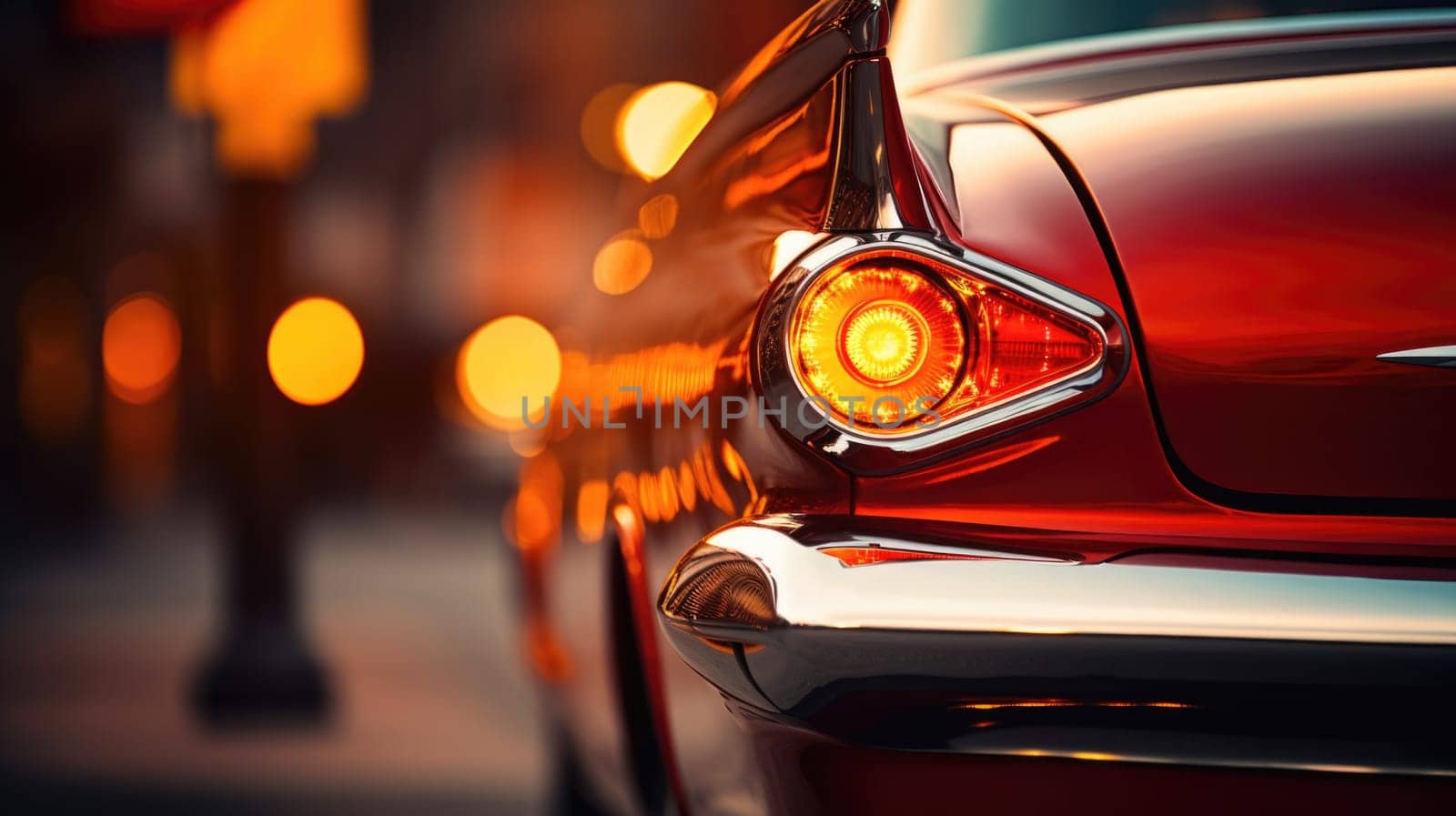 A close up of a red car with its tail light on