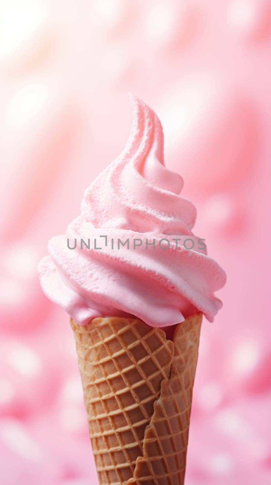 Ice cream in waffle cone on pink background
