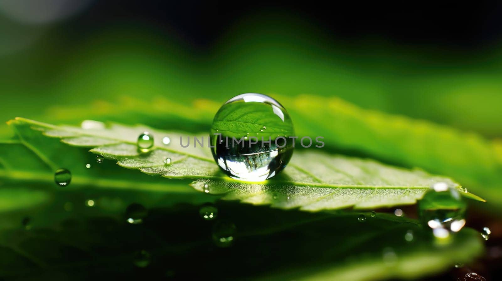 A drop of water sits on a leaf, AI by starush