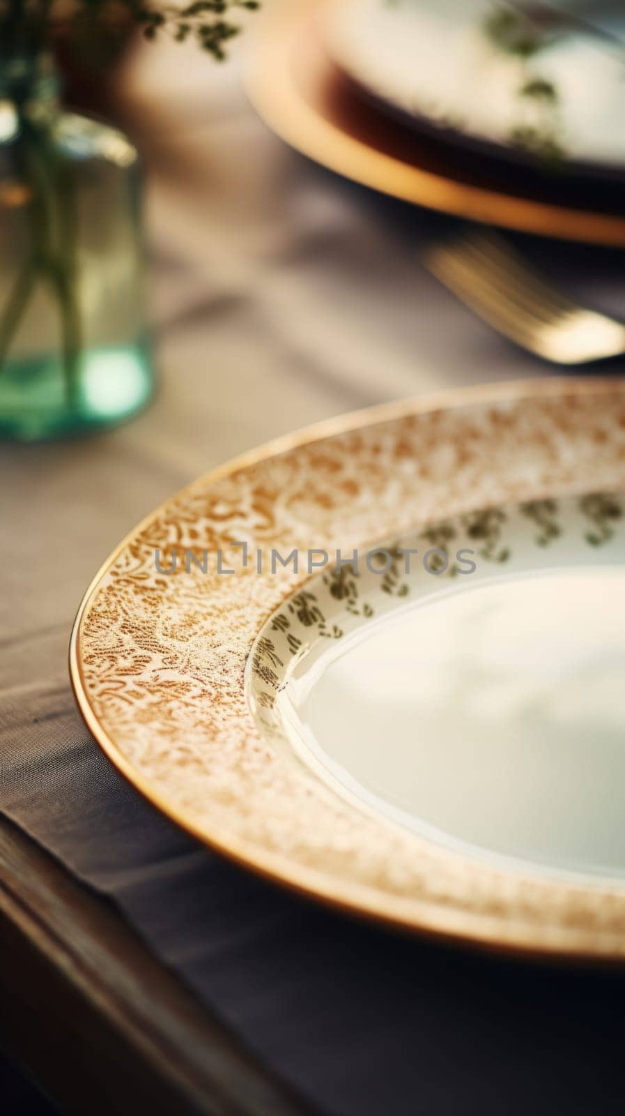 A table setting with a plate and a vase