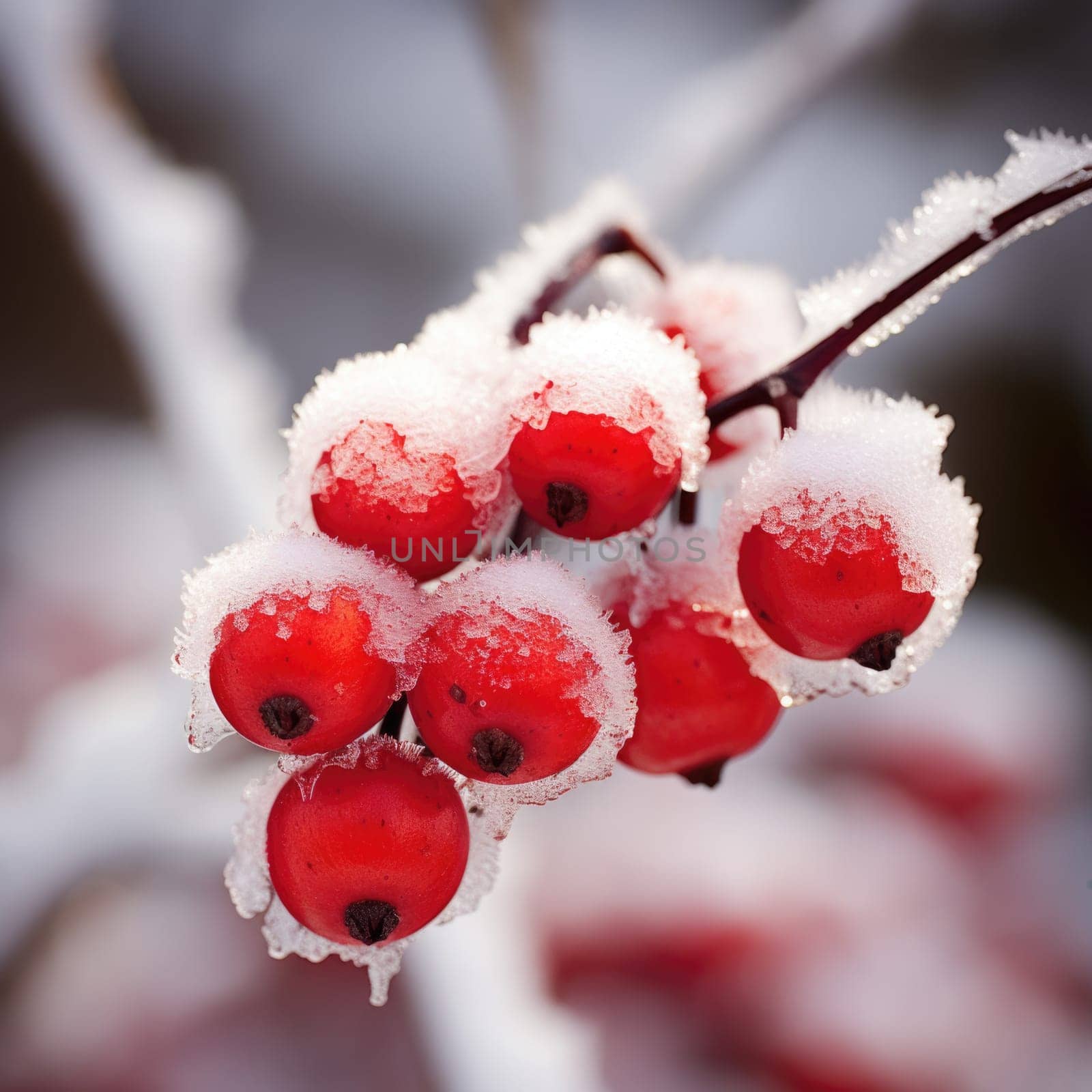 Red berries covered in snow on a branch, AI by starush