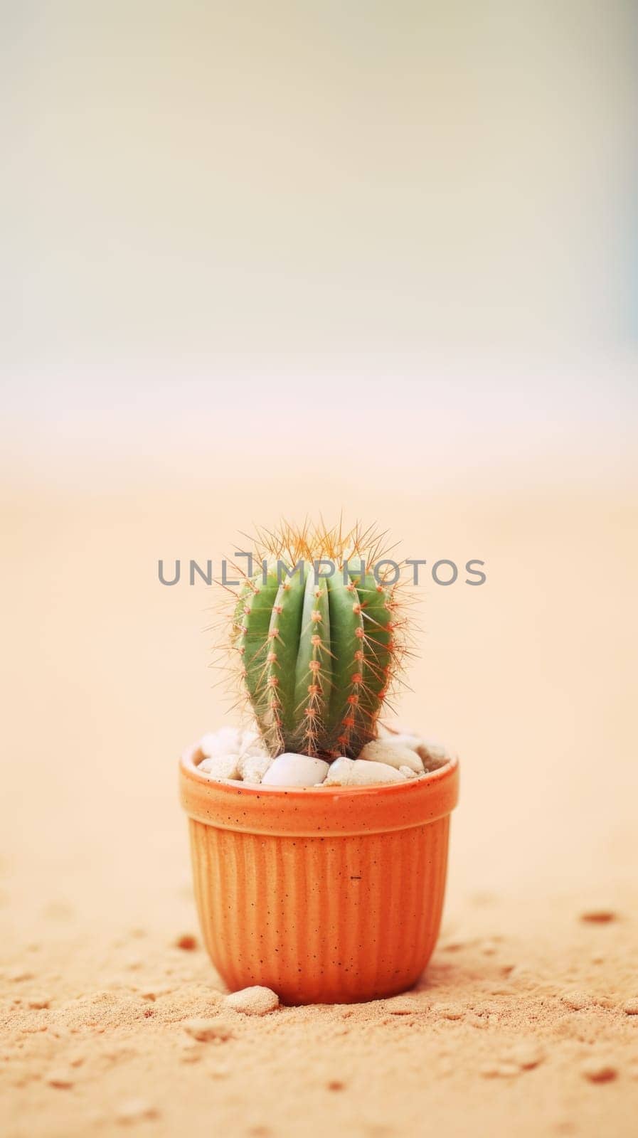 Small cactus in a pot on a sandy surface