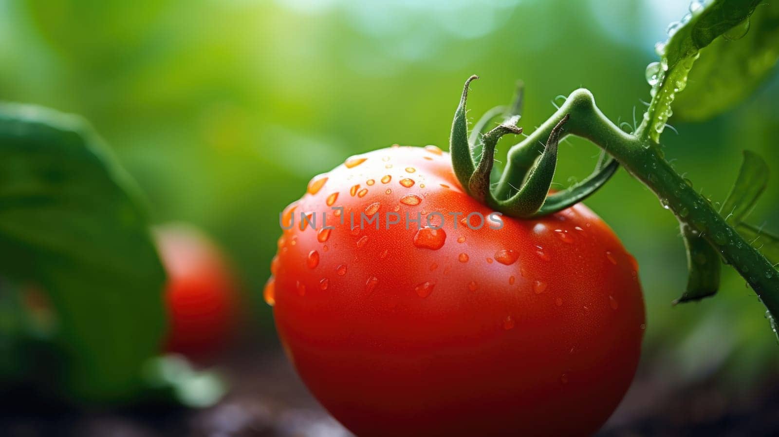 A tomato is growing in the soil with water droplets on it