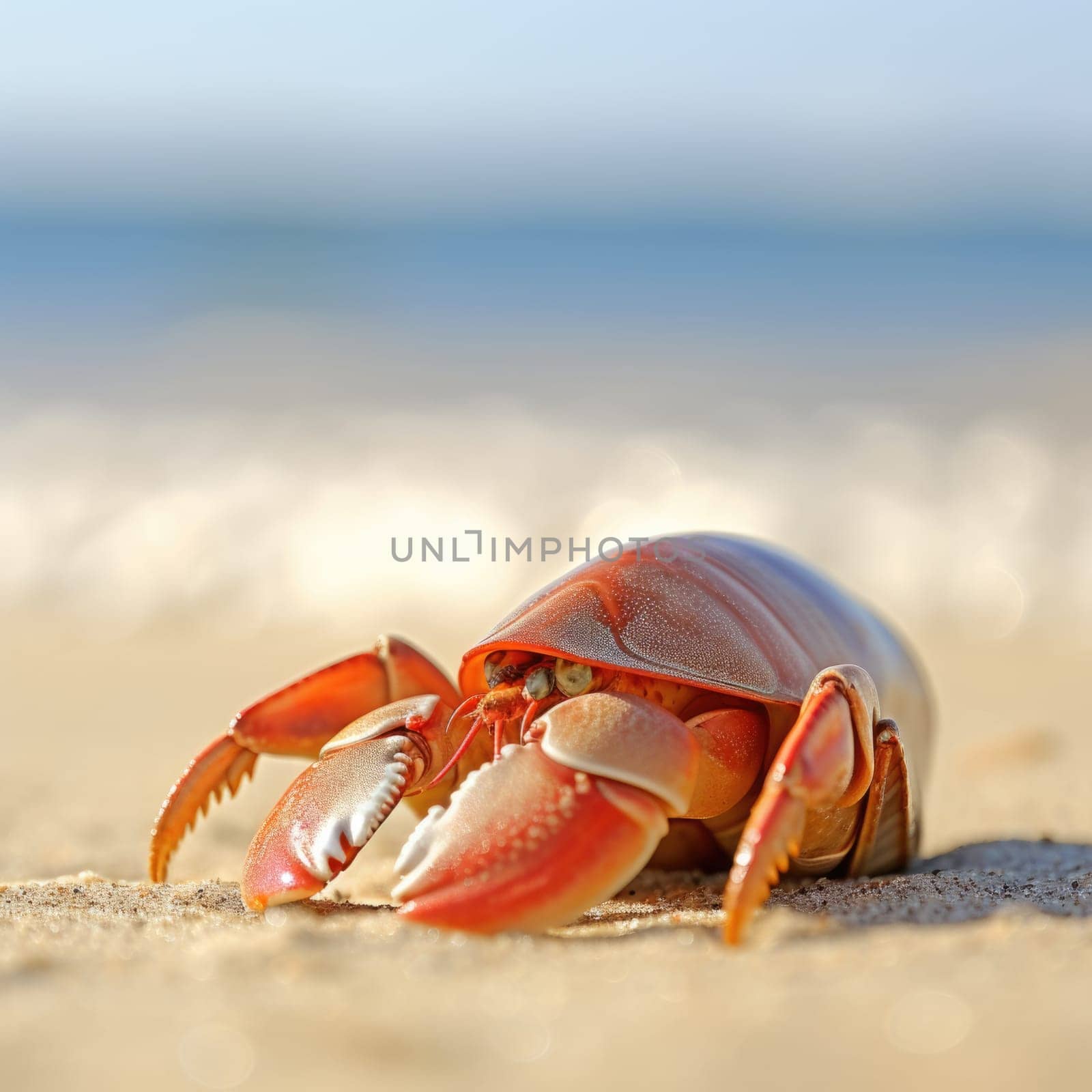 A crab on the beach with its head facing the camera