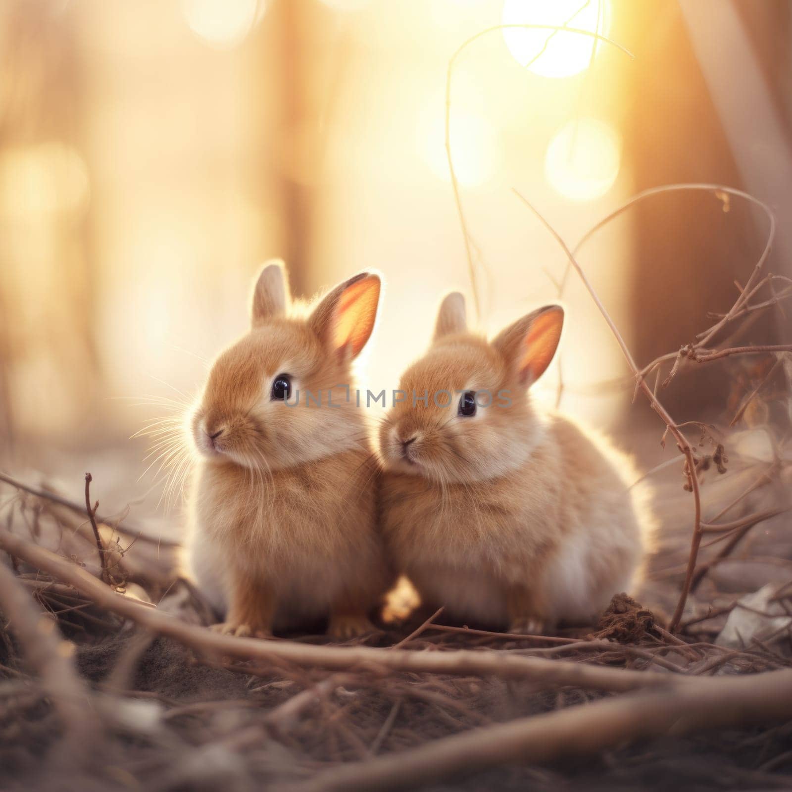 Two small rabbits sitting on the ground in the woods