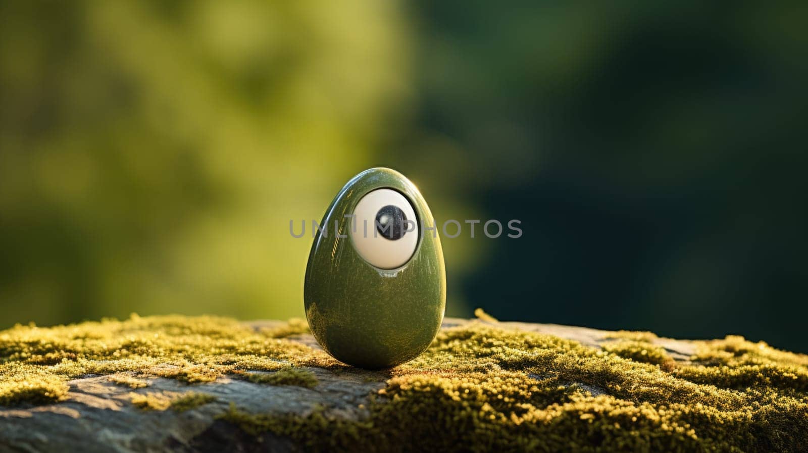 A green ball with a large eye sitting on top of a rock. Pareidolia.