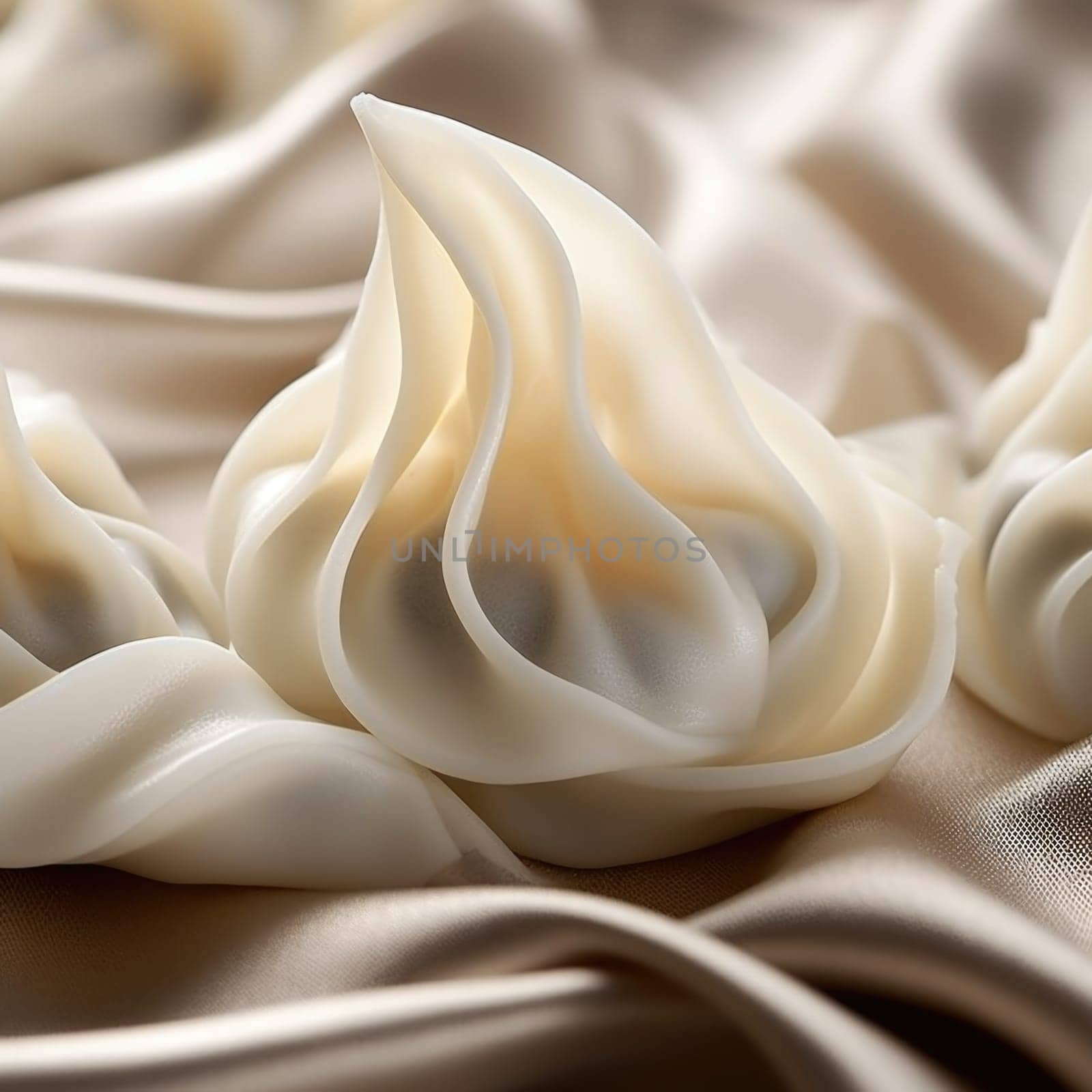 A close up of some white dumplings on a silk cloth