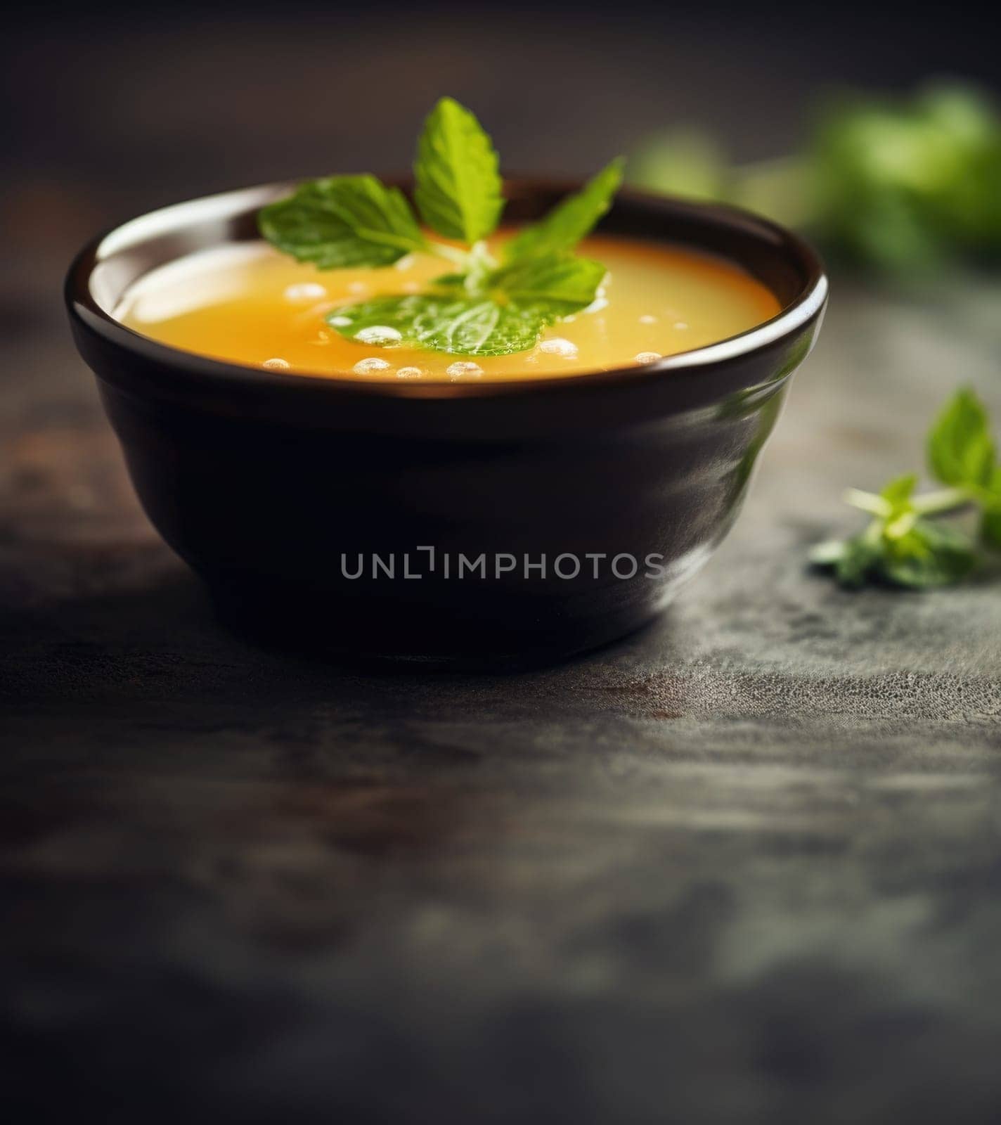 A bowl of soup with mint leaves on a dark table