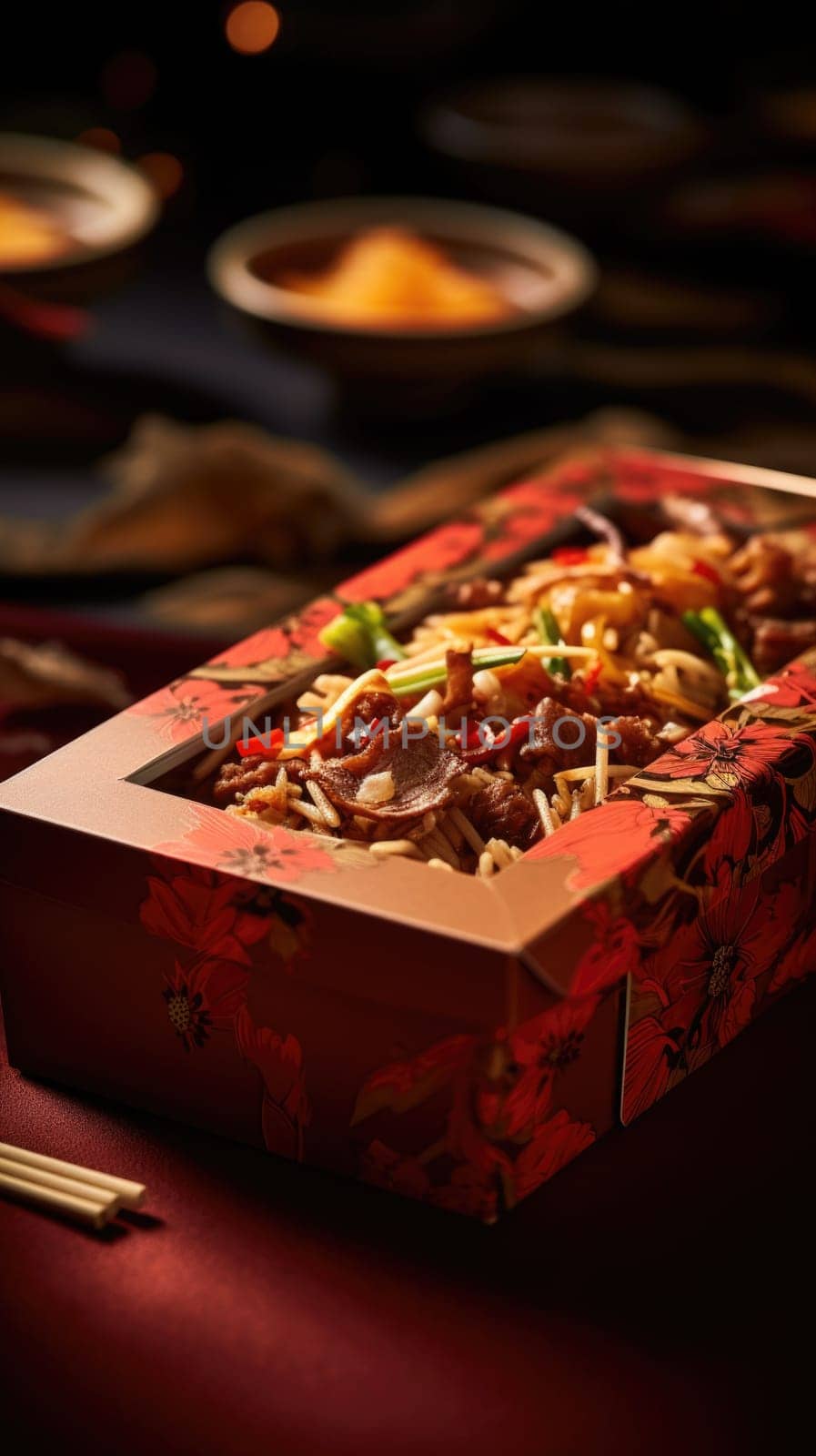 A box of food sitting on a table with chopsticks, AI by starush