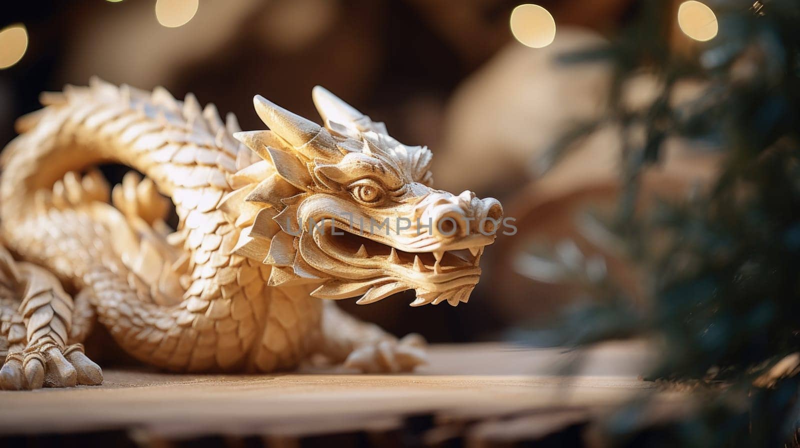 A wooden dragon statue on a table